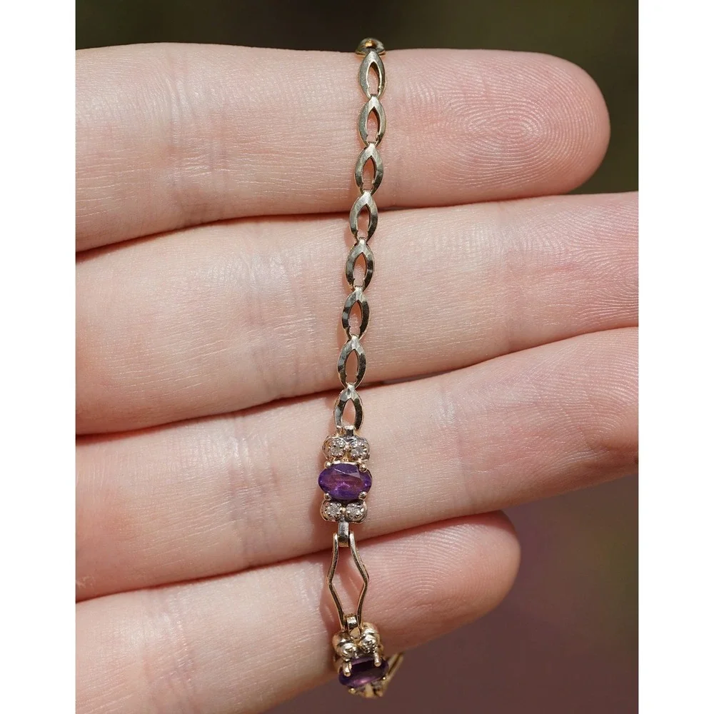 Vintage 14k Solid Yellow Gold Natural Amethyst & Diamond Tennis Bracelet - 5.23g